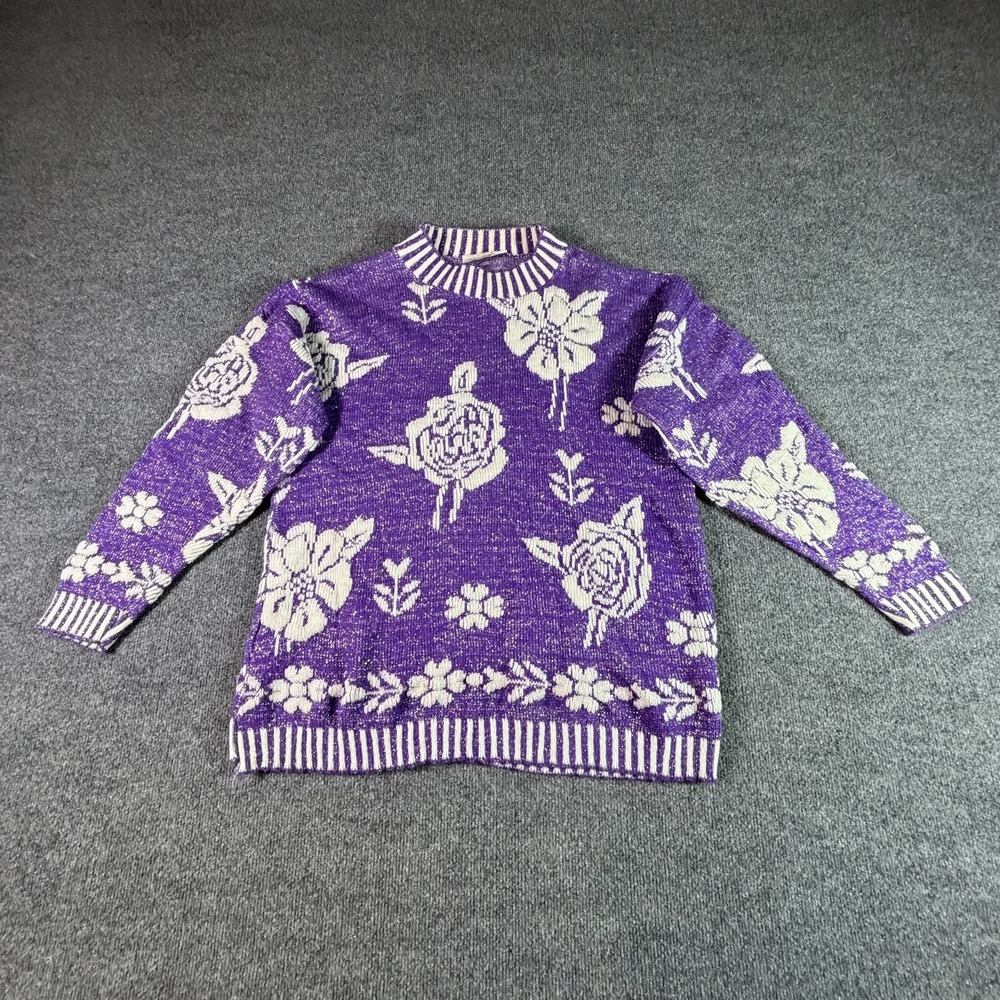 Glamour Knit Vintage Purple Floral Sweater Womens 35 Metallic Acrylic Academia